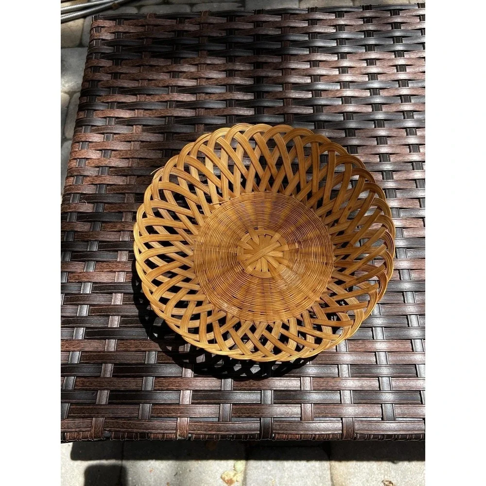 Vintage Boho Woven Wicker Bread Basket Round Open Weave Rattan 9